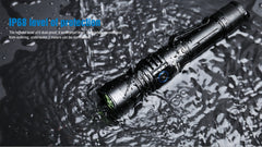Black flashlight on a textured surface with water droplets, highlighting IP68 protection level.