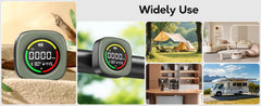 A collage showing a digital step counter tracker in multiple real-world settings, with the heading 'Widely Use' at the top. The tracker appears in outdoor, indoor, and travel scenes including a beach, tent camping, living room, kitchen, and a camper van.