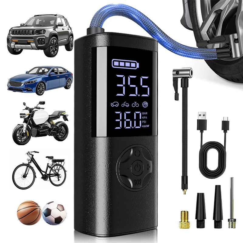 Digital tire inflator with accessories on a white background