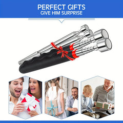 Metallic tool with red ribbon packaging on a white background, surrounded by people opening gifts.