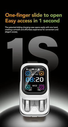 Smartwatch charging case with digital display on a dark background