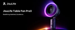 JisuLife Table Fan Pro3 promotional graphic on a black background, showing the fan with a glowing purple circular light and a small digital display on the front. White text on the left reads 'JisuLife' and 'JisuLife Table Fan Pro3' with the tagline 'Redefining Aesthetic Excellence'.