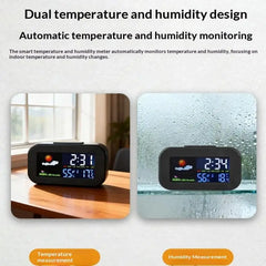 Digital temperature and humidity monitors on a table and glass surface with text about dual temperature and humidity design.
