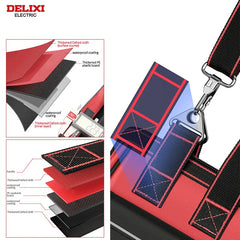 Red tool bag with black straps and Delixi Electric branding on a white background
