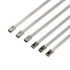 Five silver metal cable ties arranged diagonally on a plain white background.