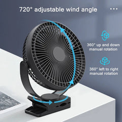 Black desk fan with adjustable wind angle features on a white surface.