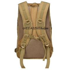 The back view of a tactical backpack in coyote brown and tan, featuring breathable mesh panels and adjustable shoulder straps, shown against a plain white background with a black serial number watermark.