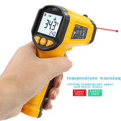 Digital thermometer held in a hand with temperature display on a white background