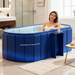 Woman sitting in a blue inflatable bathtub in a bathroom.