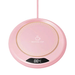 Pink heating cup with digital display on a white background