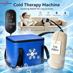 Cold therapy machine set for leg and knee swelling relief, featuring a blue insulated bag, a black remote control, a beige leg pillow, and a man reclining on a sofa with the machine connected. The image includes promotional text and feature icons on a blue icy background.