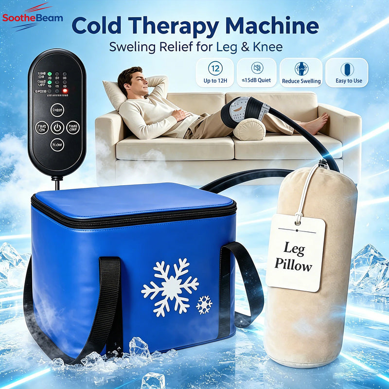 Cold therapy machine set for leg and knee swelling relief, featuring a blue insulated bag, a black remote control, a beige leg pillow, and a man reclining on a sofa with the machine connected. The image includes promotional text and feature icons on a blue icy background.