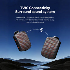 Two small rectangular Bluetooth speaker units floating over a dark blue landscape scene, with text at the top reading 'TWS Connectivity Surround sound system' and a dotted line with a chain icon connecting them to suggest stereo audio.