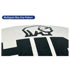 Close-up of a basketball texture showing a white surface with black grip pattern and a black rhinoceros logo, with a blue label reading 'Multigrain Max Grip Pattern' at the top left.