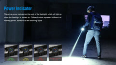 Person using a flashlight with power indicator display in a dark setting