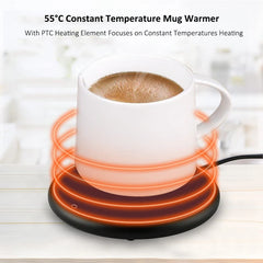 55°C Constant Temperature Mug Warmer with a cup of coffee on a white background