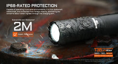 Black flashlight with text about IP68 rating, dustproof, waterproof, and impact resistance on a dark background.