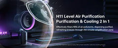 A dark promotional graphic for a desktop computer cooling and air purification setup. The image shows a black circular fan or speaker-like component on a stand with glowing purple accents, alongside a keyboard, mouse, and headset, with large white text reading 'H11 Level Air Purification Purification & Cooling 2 In 1' and smaller descriptive copy about filtering air pollutants.