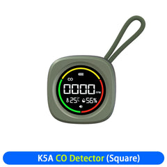A square K5A CO detector with a dark olive green strap and casing, featuring a digital display screen, set against a plain white background with a blue text banner at the bottom.