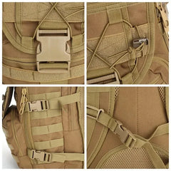 A four-panel close-up collage showing details of a tactical backpack in coyote tan. The panels highlight the front buckle closure, side zipper and strap hardware, front webbing and buckle details, and the padded shoulder strap system.