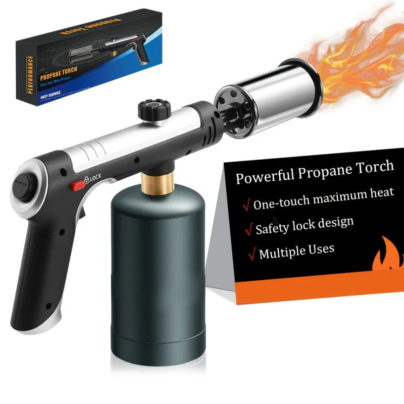 A powerful propane torch with a one-maximum flame function, a safety lock