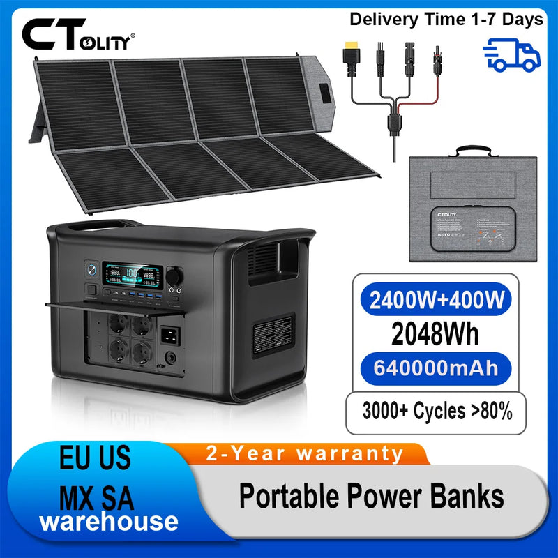CTOLITY AP2000 2400W 1600W 500W Portable Mobile Power Station Solar Generator Lifepo4 Battery 400W Portable Foldable Solar Panel