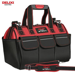 Red and black tool bag with DELIXI Electric branding on a white background