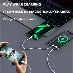 Smartphone being charged with a cable, placed on a laptop keyboard, with text highlighting charging capabilities.