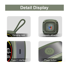 A product detail display graphic showing four feature close-ups: a hanging rope, magnetic attraction, a Type-C interface, and a power button, with labels on a light gray background.