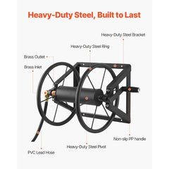 Wall Mounted Garden Hose Reel Holds 200 ft 5/8-inch Manual Water Hose Winder Heavy-Duty Steel Outdoor Reel with Brass Fit