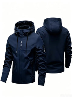 A dark navy blue hooded jacket shown from both the front and back views against a plain white background.