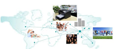 World map with network connections and images of people in various settings.