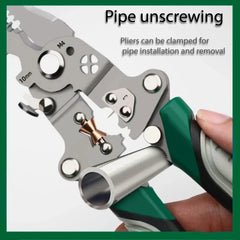 Pipe unscrewing tool with text on pipe installation and removal