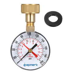 Pressure gauge with brass fitting and black washer on a white background