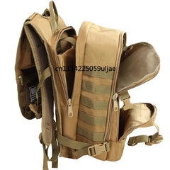A tan tactical backpack shown open to display its multiple compartments, MOLLE webbing, and padded shoulder straps against a plain white background.