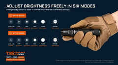 Tactical flashlight with glove and brightness adjustment modes on a dark background
