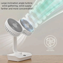 White portable fan with text about large inclination angle turbine and wind supply on a light background