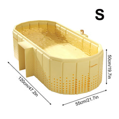 Yellow plastic pool with dimensions labeled on a white background
