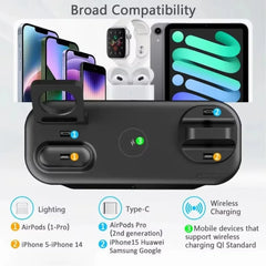 Black multi-device charging stand with compatibility icons for various electronic devices on a white background.
