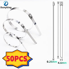 Five silver stainless steel cable ties shown on a white background, with a Dunyking logo in the top left, a yellow and blue '50PCS' badge, and a technical line drawing on the right showing dimensions 0.25mm and 4.