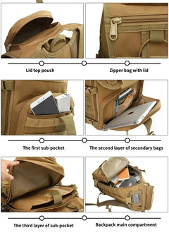 Multifunctional backpack with various compartments and features.
