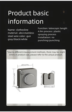 Product information graphic for a clothesline, showing a small square gray metal device with dimension labels and text describing material, function, and installation details on a black background.