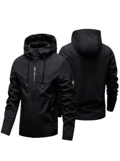 A black hooded jacket shown from both the front and back views against a plain white background.