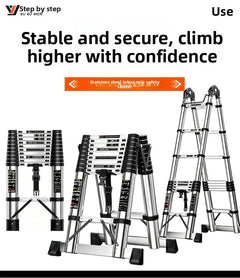 Three views of a stainless steel telescopic safety ladder shown on a white background with promotional text. The ladder is depicted in folded, open, and fully extended positions.