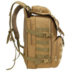 Tan tactical backpack with multiple straps and zippers on a white background