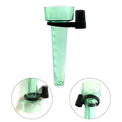 A translucent mint green plastic measuring tube with black clamp hardware and printed measurement markings, shown on a white background with two circular inset close-ups of the clamp attachment.