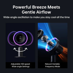 Product advertisement with text 'Powerful Breeze Meets Gentle Airflow' and images of a device with adjustable settings.
