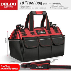 Red and black tool bag with dimensions and features listed, featuring DELIXI Electric branding.