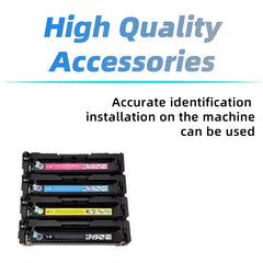 Four toner cartridges in black, pink, blue, and yellow are stacked vertically on a white background with promotional text reading 'High Quality Accessories' and 'Accurate identification installation on the machine can be used.'.