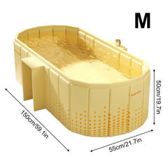 Yellow plastic pool with dimensions labeled on a white background